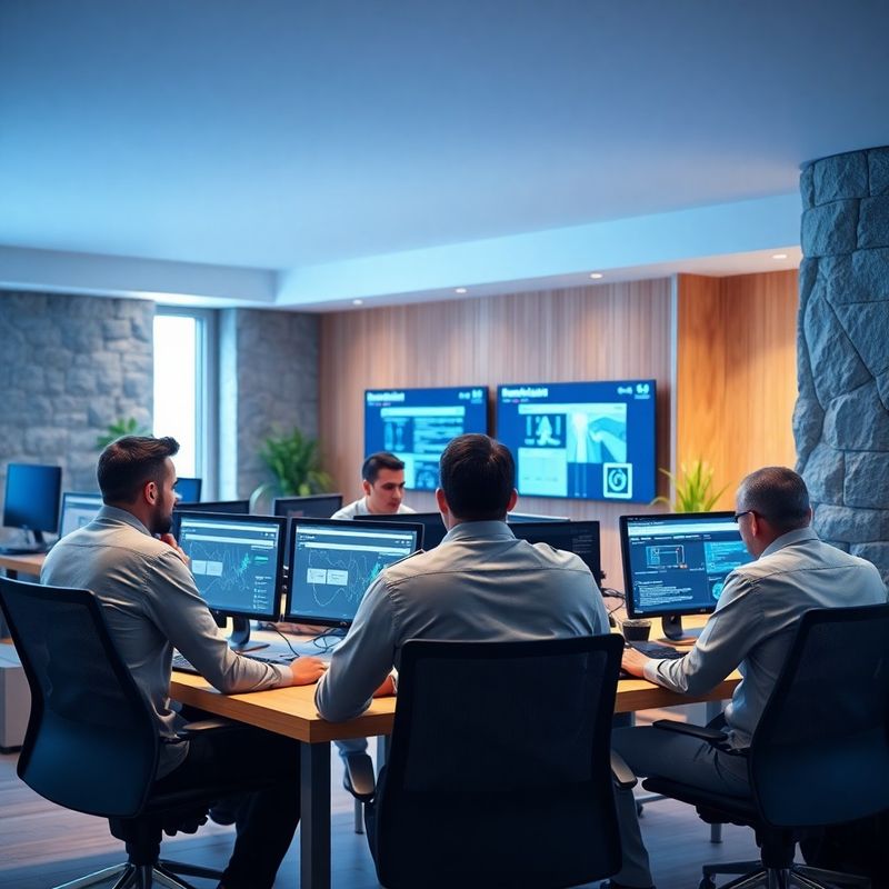 Engineering team gathered around monitors in a modern office