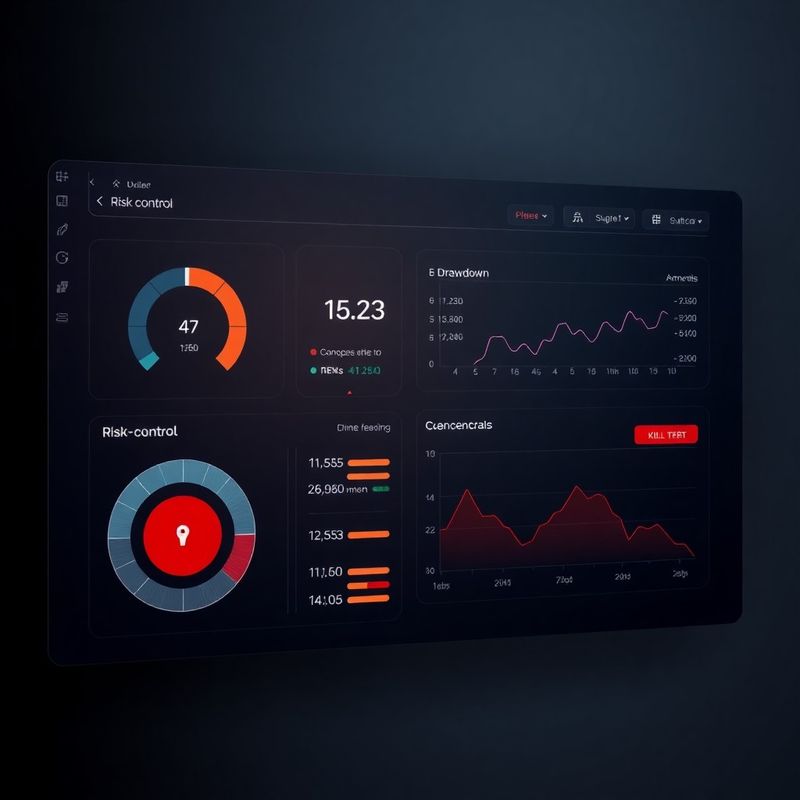 Risk-control dashboard with drawdown gauges and kill-switch indicator